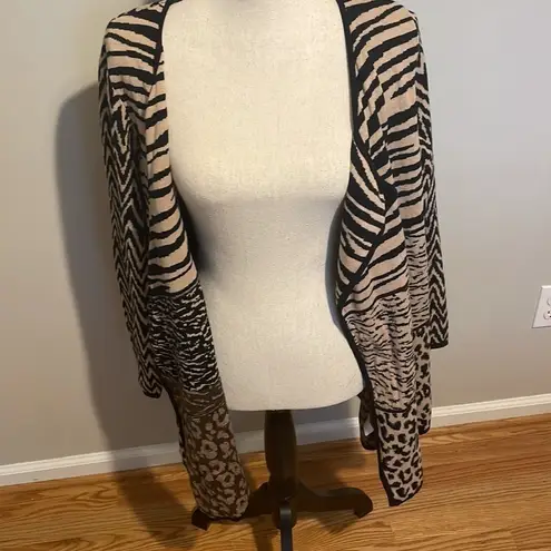 kim rogers  Animal Print Cotton Open Front Cardigan Sweater Tan Black 1X Plus