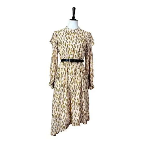 MikaRose Dress Asymmetrical Blouson Waist Cream Leaf Print Women’s Size Medium M