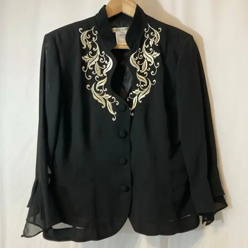 Vintage Plaza South Black Ruffle Embroidered Two Piece Blazer Skirt Set Suit Size 10