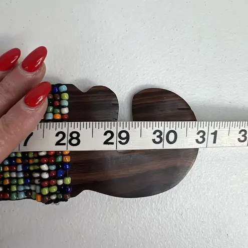 Vintage Beaded Wide Stretch Belt Carved Wood Buckle Boho Y2K Whimsy Hippie