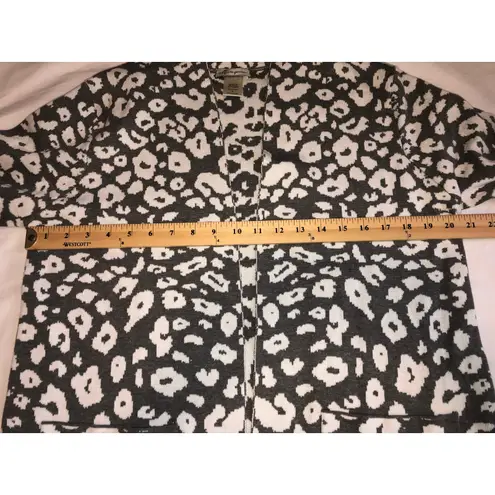 Cotton Emporium Leopard Print Cardigan Size S Open Front Gray Winter White Long Sweater Pockets