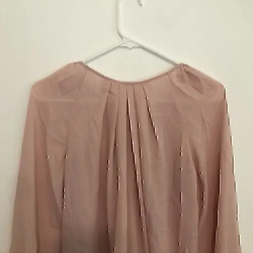 BELLATRIX Pleat Neck Long Sleeve Blouse Solid Light Baby Pink Keyhole Cutout XS