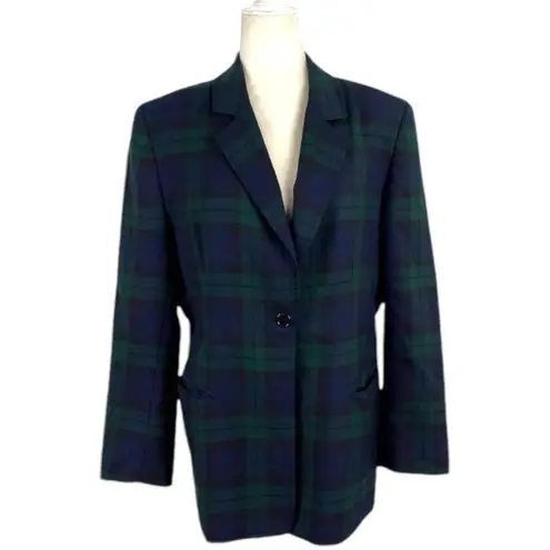 Brooks Brothers Tartan Plaid Green Black Watch Single Breasted Wool Blazer SZ 14