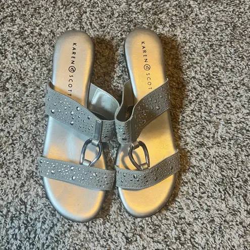 Karen Scott Silver Rhinestone Sandals Slides Heeled Open Toe Women's 8