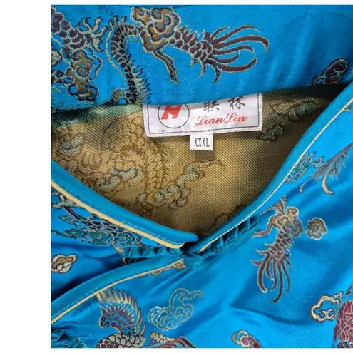 VTG Lian Lin Qipao/Cheongsam Satin Top Turquoise Blue/Gold Sz L 5 Toe Dragons Blue Size M