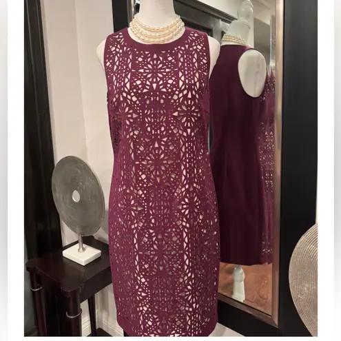 Catherine Malandrino Deep Plum Cabernet Purple Lace Laser Cut Pencil Dress sz 2