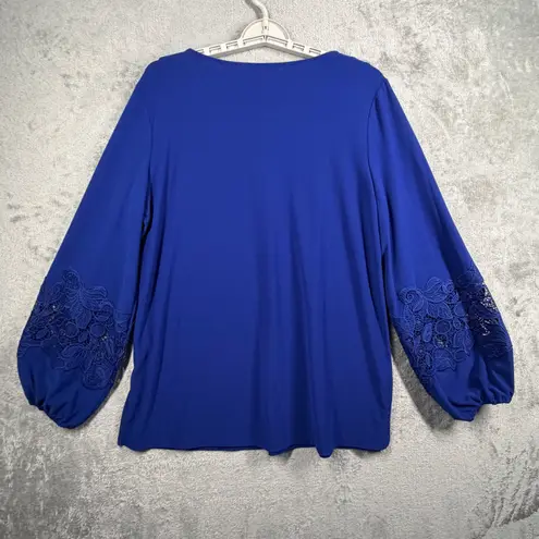 Dennis Basso Dennis by Blouse Medium Cobalt Blue Lace Trim Balloon Sleeve Chic