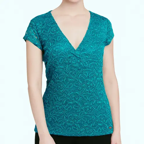 Guess  Teal Lace Cap Sleeve V-Neck Top