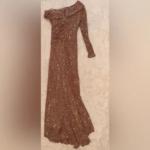 Mac Duggal NWOT 26571 SEQUINED DROP SHOULDER FAUX WRAP GOWN in Copper Size 8