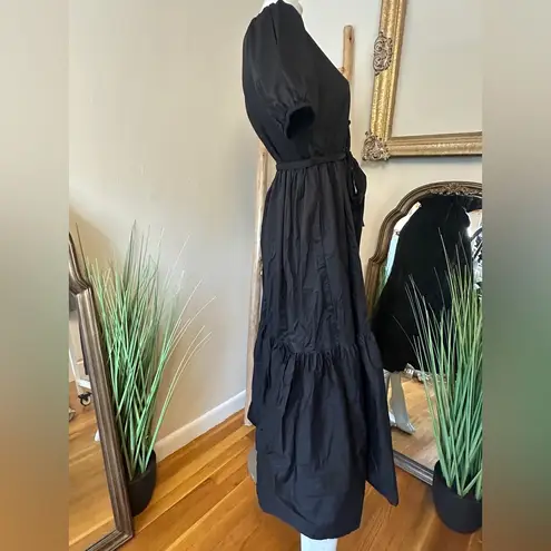 TOP IT OFF Puff Sleeve Tiered Tie Waist Zip Back Black Midi Dress 4/6