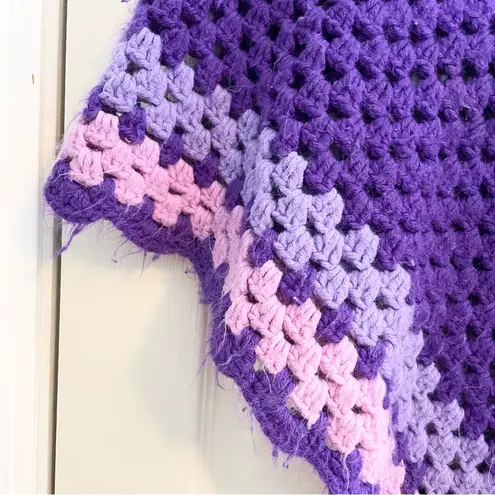 None Granny Square Crochet Purple Poncho One Size Pom Poms Grannycore