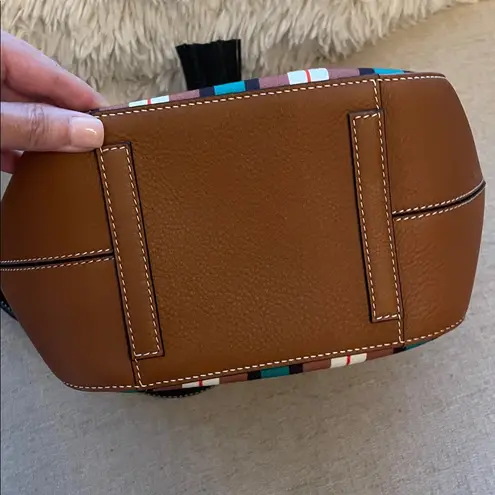 Strathberry X Collagerie Bolo Stripe Canvas Leather Bucket Bag Tan