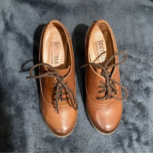 Brown leather lace up block heel Oxford shoes high heel booties Size 235 US 6.5