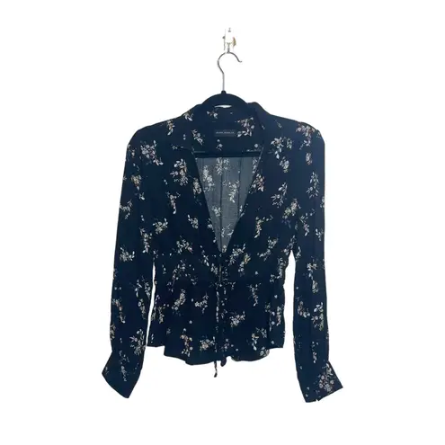 Silver Jeans Black Floral Smocked Waist Collared Peasant Blouse