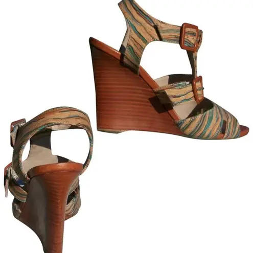Donald Pliner Couture Hand Painted Multi Color Cork Wedge Shoe Strappy NWT $395 Tan Size 6.5