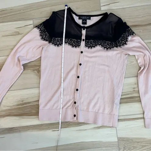 August Silk  Heritage Womens M Pink With Black Lace Long Sleeve Cardigan Sweater