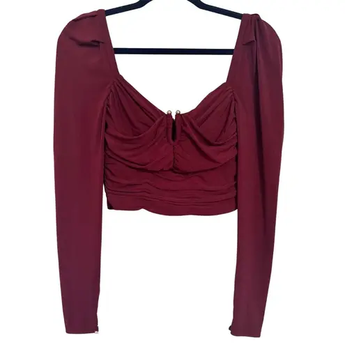 SELF PORTRAIT Cropped Long Sleeve Draped Gathered Knit Blouse Burgundy Top Sz 0 Red