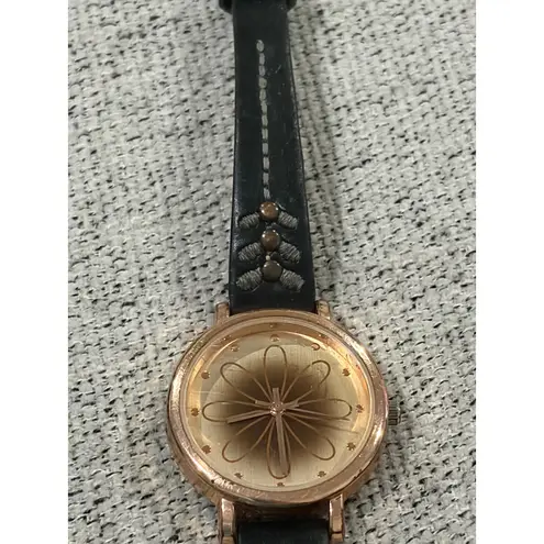 Womens Accutime Gold Tone Floral Watch Black Leather Strap Detail