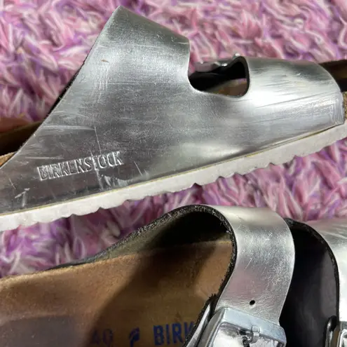 Birkenstock  Arizona Soft Footbed Women Size 40 Leather Silver Metallic Sandals