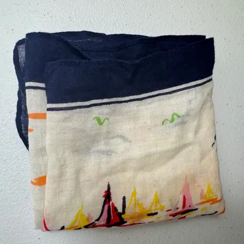 VTG J.Crew Sailing Boat Scarf Nautical Print Silk Blend Bandana Blue Nautical White