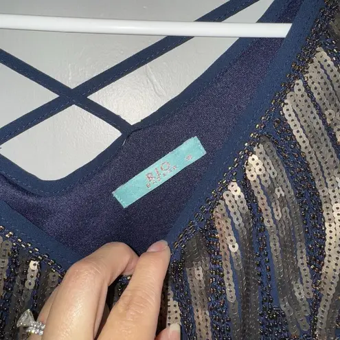 Rio Bazaar Navy Blue & Gold Sequin Dress XS Crisscross Back Art Deco Sparkle