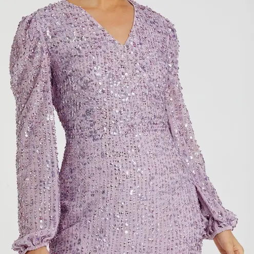 Mac Duggal
Purple Sequined Illusion Puff Sleeve V Neck Midi Dress