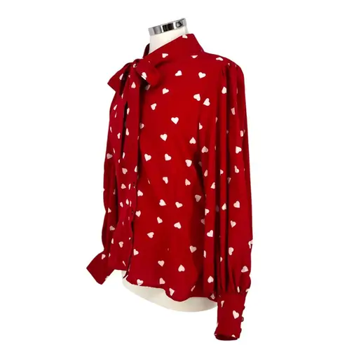 Unique Vintage Gwen Red White Heart Print Blouse Puff Sleeve Size Large