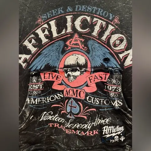 Affliction American Customs 1973 Distressed Embroidered Black Sweatshirt Small