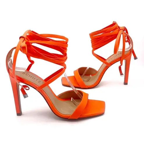 Schutz NEW Bryce Leather Stiletto Sandals Acid Orange Lace-Up Sandals Size 5