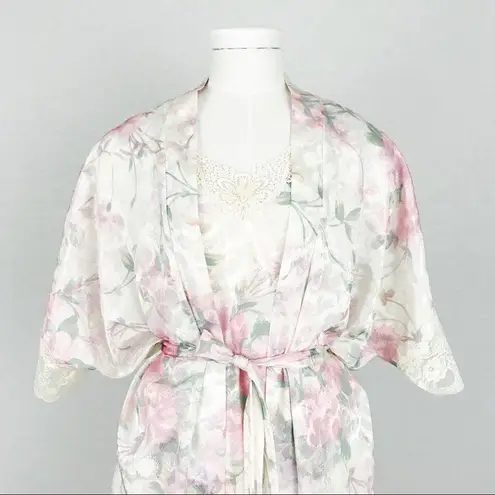 Vintage Satin Botanical Nightgown + Robe | Size M White Size M