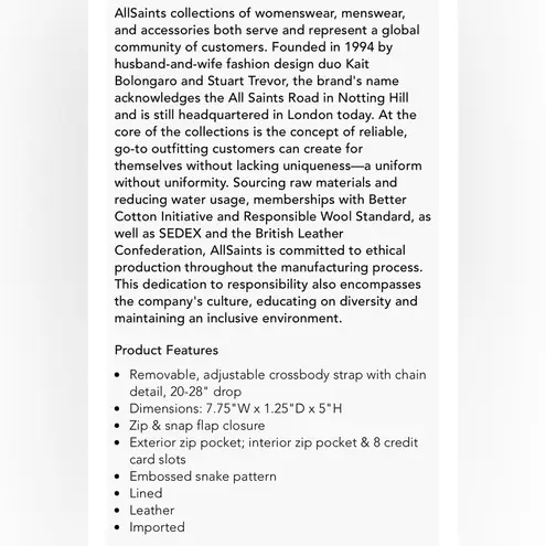 ALLSAINTS Claremont Crossbody Leather Bag Snakeskin Print w Chain Strap