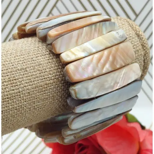 Bohemian White & Brown Neutral Abalone Shell Wide Stretch Bracelet Beach Nature Tan
