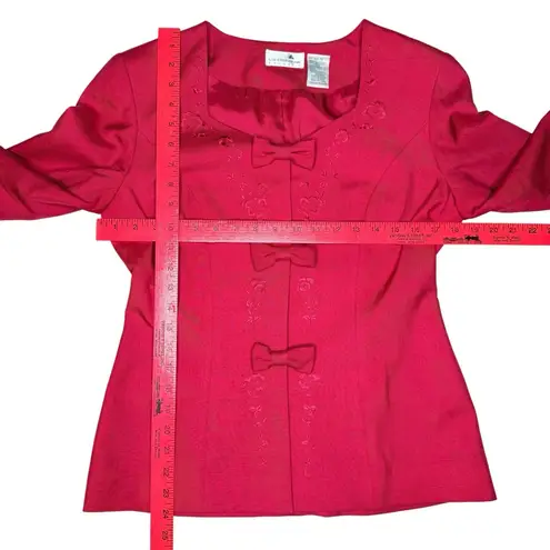 Liz Claiborne Vintage 90s 100% Silk Red Skirt Suit Set Bow Embroidery Size 6
