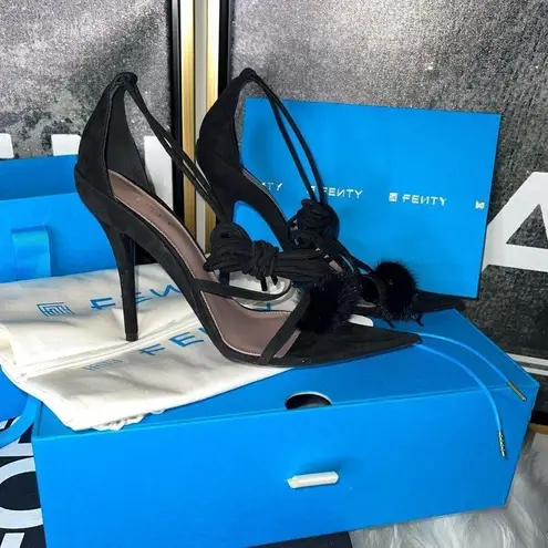 Fenty Scandal Lace Up Black Suede Fur Sandal with Fur Detail and Pointy Toe Size 6