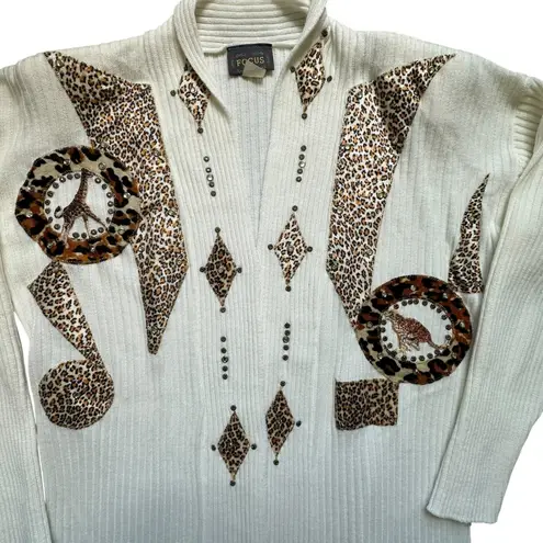 Vintage Focus USA Leopard Applique Cardigan OS Open Front Statement Maximalism Brown Size undefined