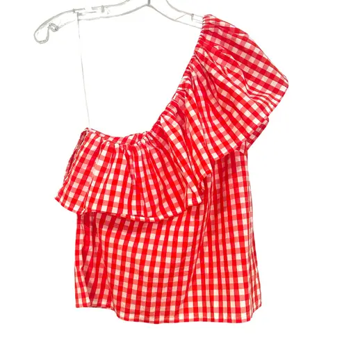 J. Crew Factory Gingham One Shoulder Ruffle Blouse Women's 2 Orange Preppy
