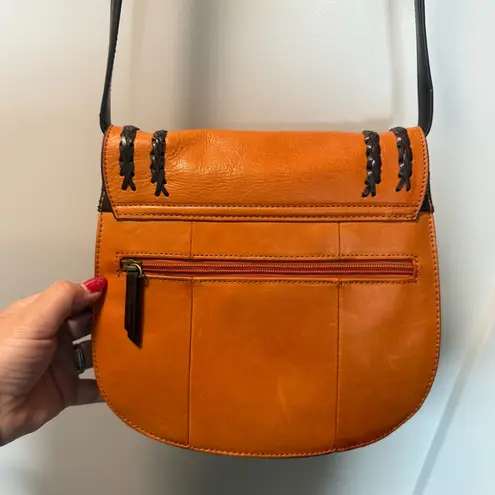 Tignanello Orange Leather Flap Front Saddle Bag Crossbody Accordion Style Purse