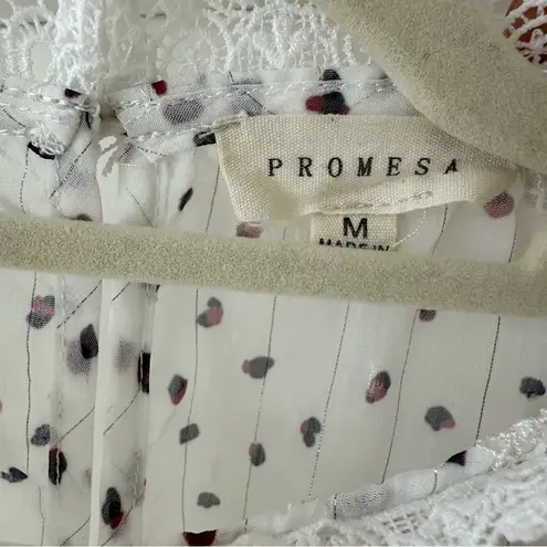 Prómesa Promesa White Lace Victorian Style Blouse w/ Black & Red Polka Dots, Size Medium