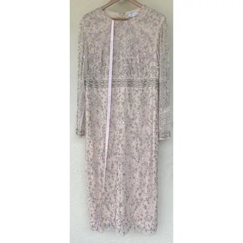 Mac Duggal 10812 Beaded Tea Length Dress Sheer Long Sleeves Womens Size 14 Party