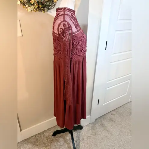 Sundance Burgundy High Neck Lace Yoke Boho Dress Long Sleeve Sz 8 🧡 Red