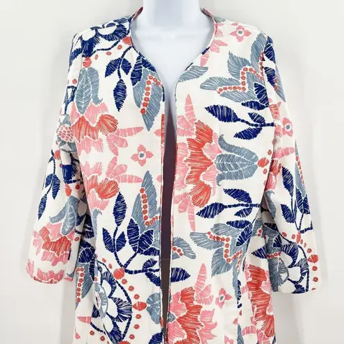 Neiman Marcus Hinge Floral Linen Blend Open Front Lightweight Blazer Blouse Top