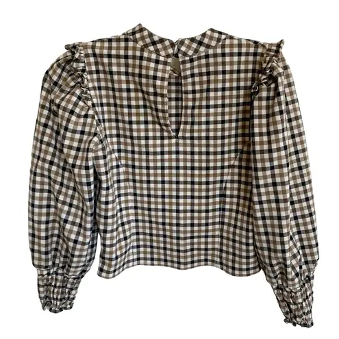 ZARA  Gingham Neutral Plaid Blouse Ruffled Puff Sleeve Preppy Top S