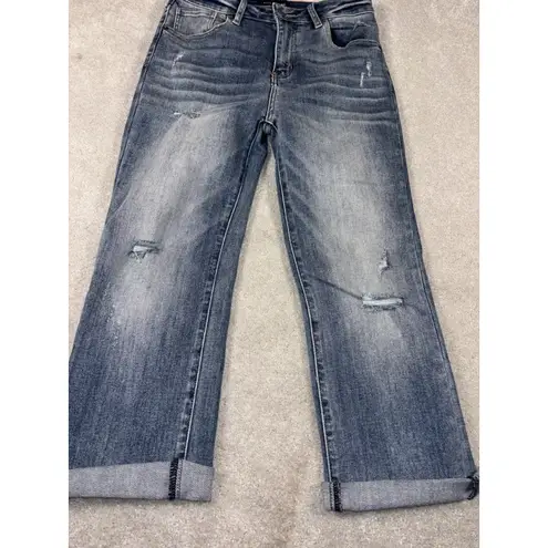 Risen Topped Cuffed Straight Leg Jeans 7/28 Distressed Blue