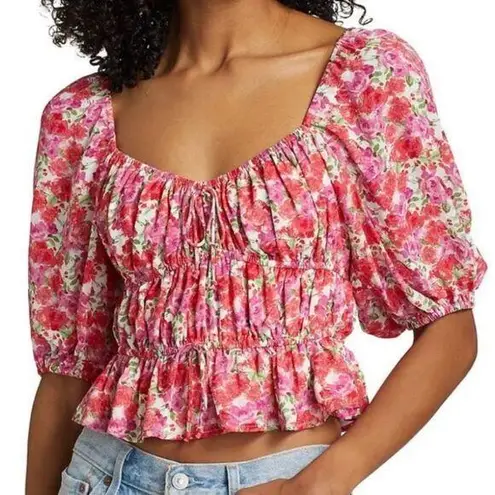 WAYF | Avra Floral Puff Puffed Sleeve Crop Top Corset Style Pink Red | Size XL