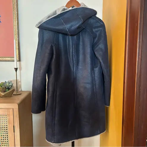 Adolfo Dominguez Faux Suede Fur Coat Off Center Fastening Buckle Hood 36 Size S Blue