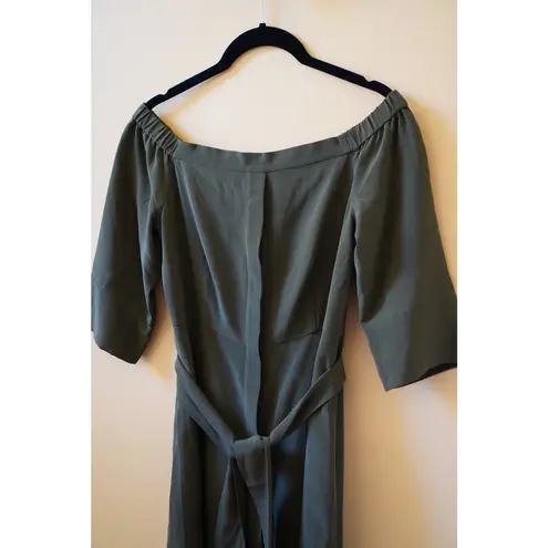 Whistles Flavia Off The Shoulder Midi Silk Tie Dress Khaki Green Size 0 XS NWT