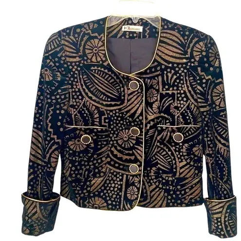 Karl Lagerfeld printed black and gold velvet jacket and skirt suit. Size 6. EUC.