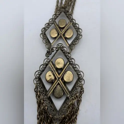 Vintage German Blue & Red Brass Tone Tassel Chain Statement Unique Rare Necklace