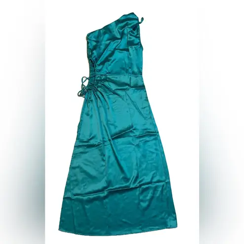 PRETTYGARDEN One Shoulder Satin Cut Out Side Slit Maci Dress in Peacock Blue M