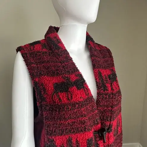 Woolrich Vintage  CabinCore  Red + Black Winter Print Fleece Vest Toggle Closure - Image 4